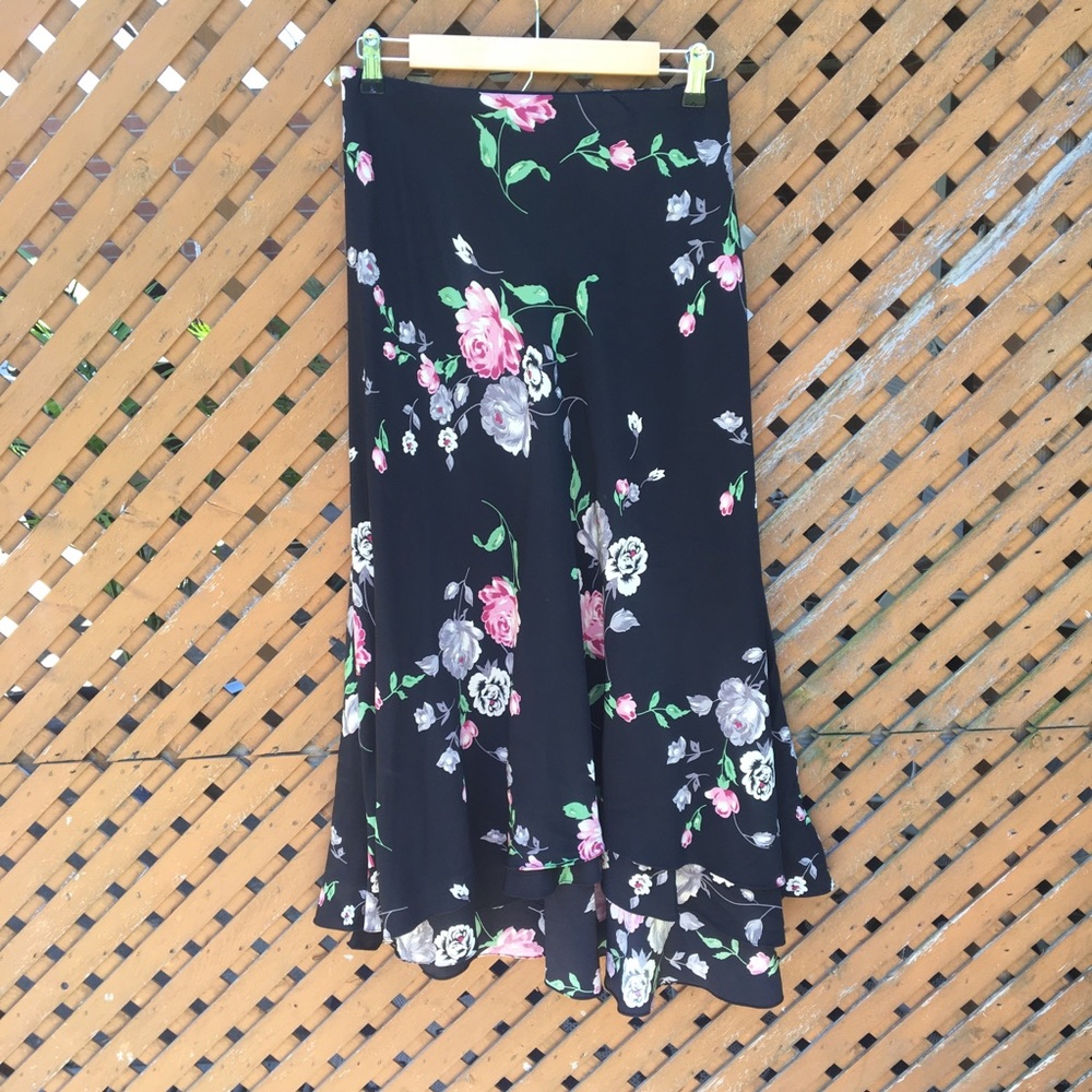 Ralph Lauren Black Floral Silk Midi Skirt 18W